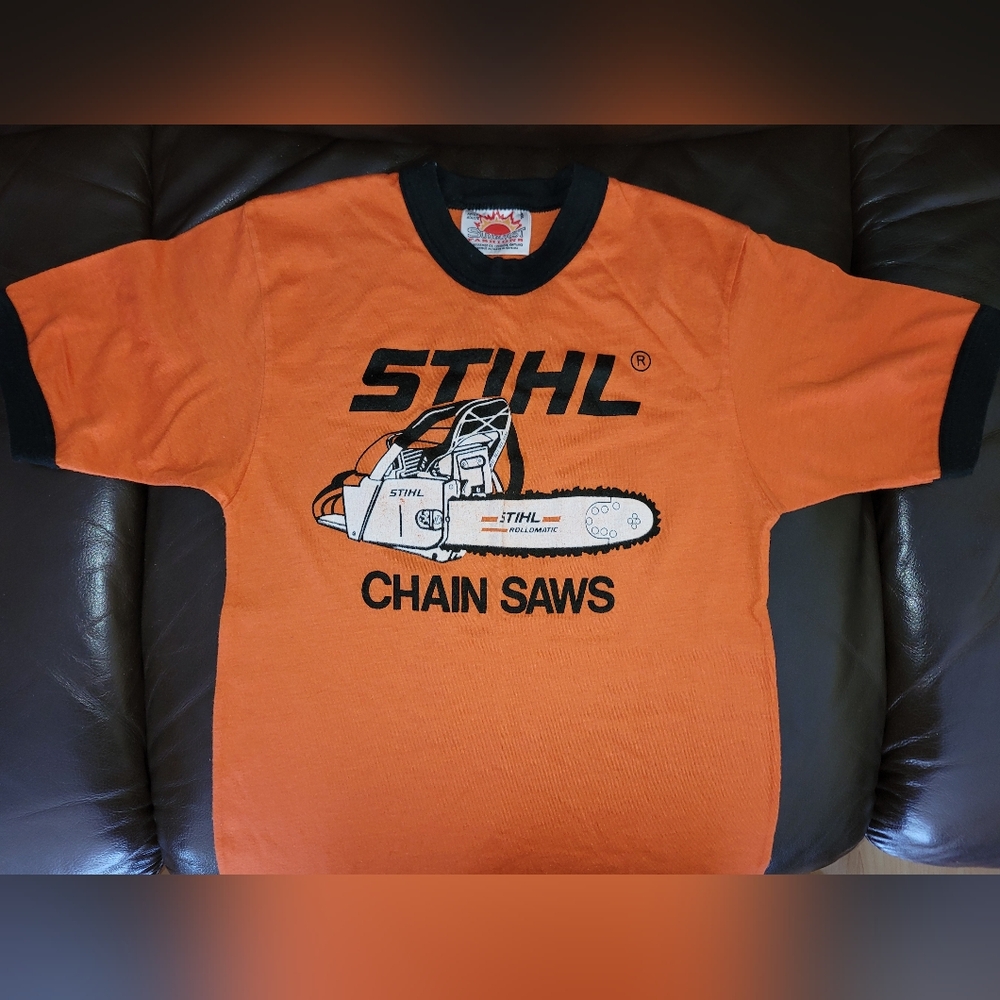 🆕 Vintage Stihl Ringer Tee T-Shirt Orange Black Chainsaw Logo Mens Ladies Small